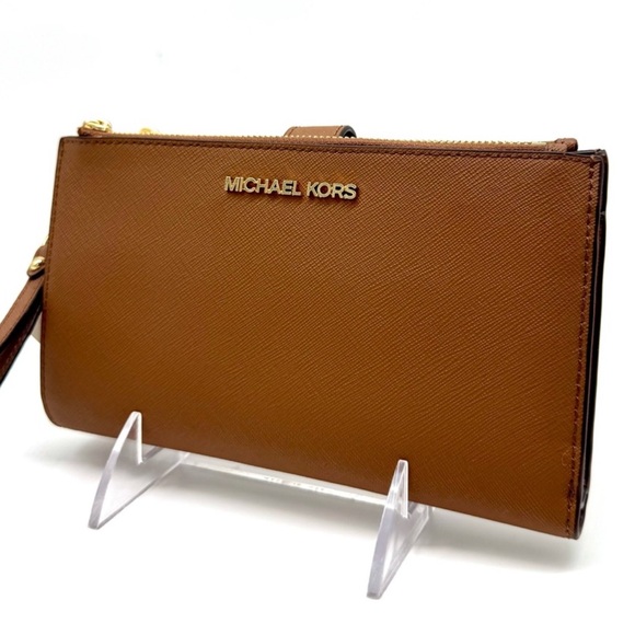 Michael Kors Large Jet Set Travel Logo Double Zip Wallet Luggage Brown - Picture 1 of 9